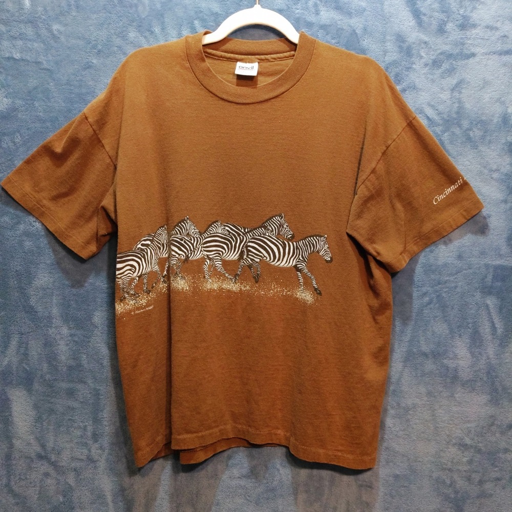 Vtg 90s Anvil Cincinnati Zoo Zebra T-Shirt Brown Large Fletcher's Wildlife USA